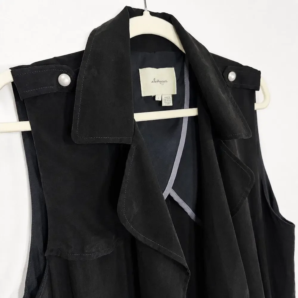 Anthropologie Elevenses Cupro Drape Utility Long Vest Black L